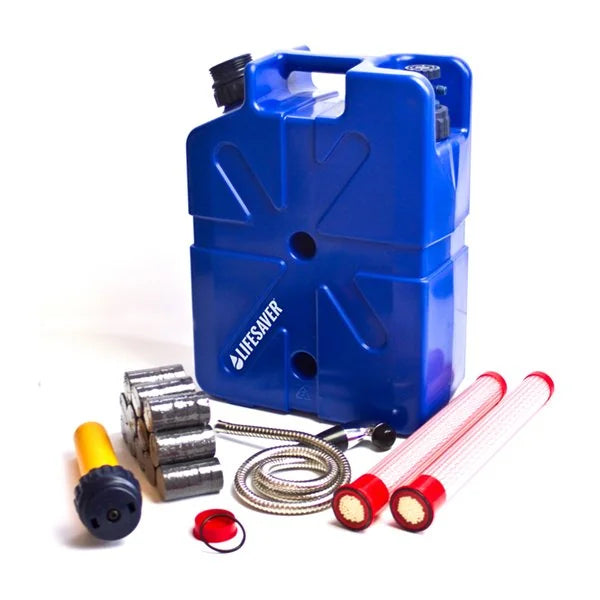 LifeSaver Jerrycan Ultimate Emergency Preparedness Pack with the blue Jerrycan, spare cartridges, carbon filters and shower attachment
