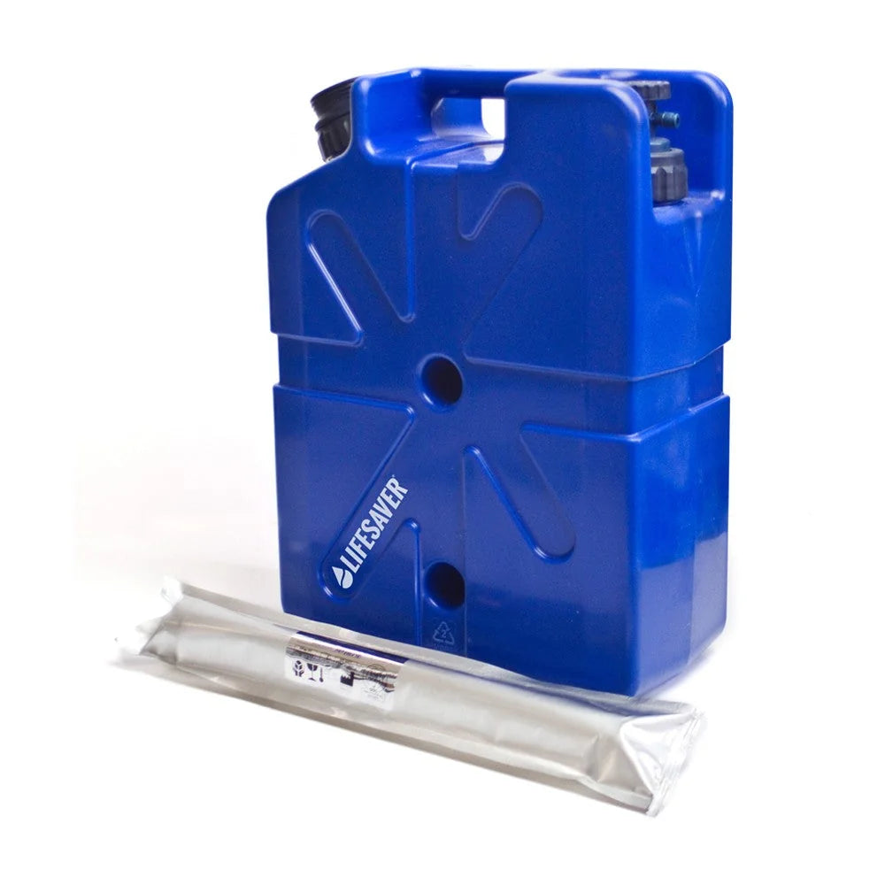 LifeSaver Jerrycan Virus Survival Emergency Preparedness Pack with the blue Jerrycan and foil-wrapped spare cartridge