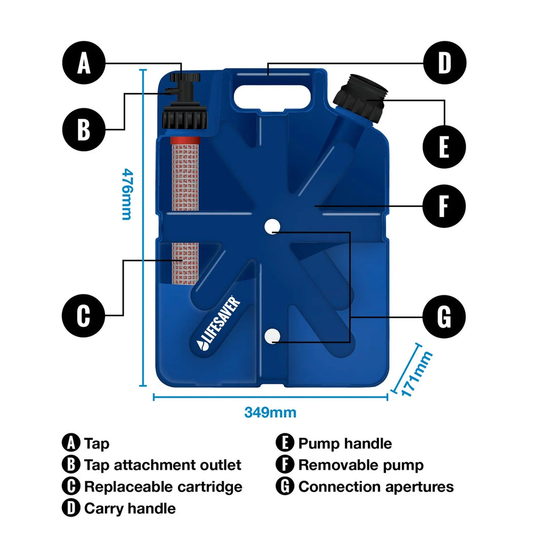 LifeSaver Jerrycan parts diagram: tap, cartridge, carry handle, pump and handle, 349 x 171 x 476 mm
