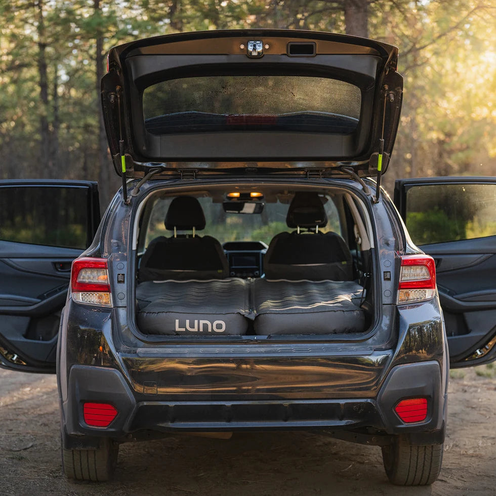 Luno AIR Pro mattress in a Subaru Crosstrek with the rear seats folded and the hatch and rear doors open