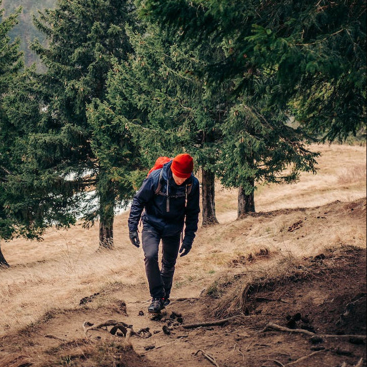 Hiker climbing a rocky trail