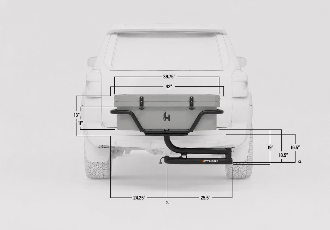Measurement diagram of a vehicle with a hitch receiver on a white background
