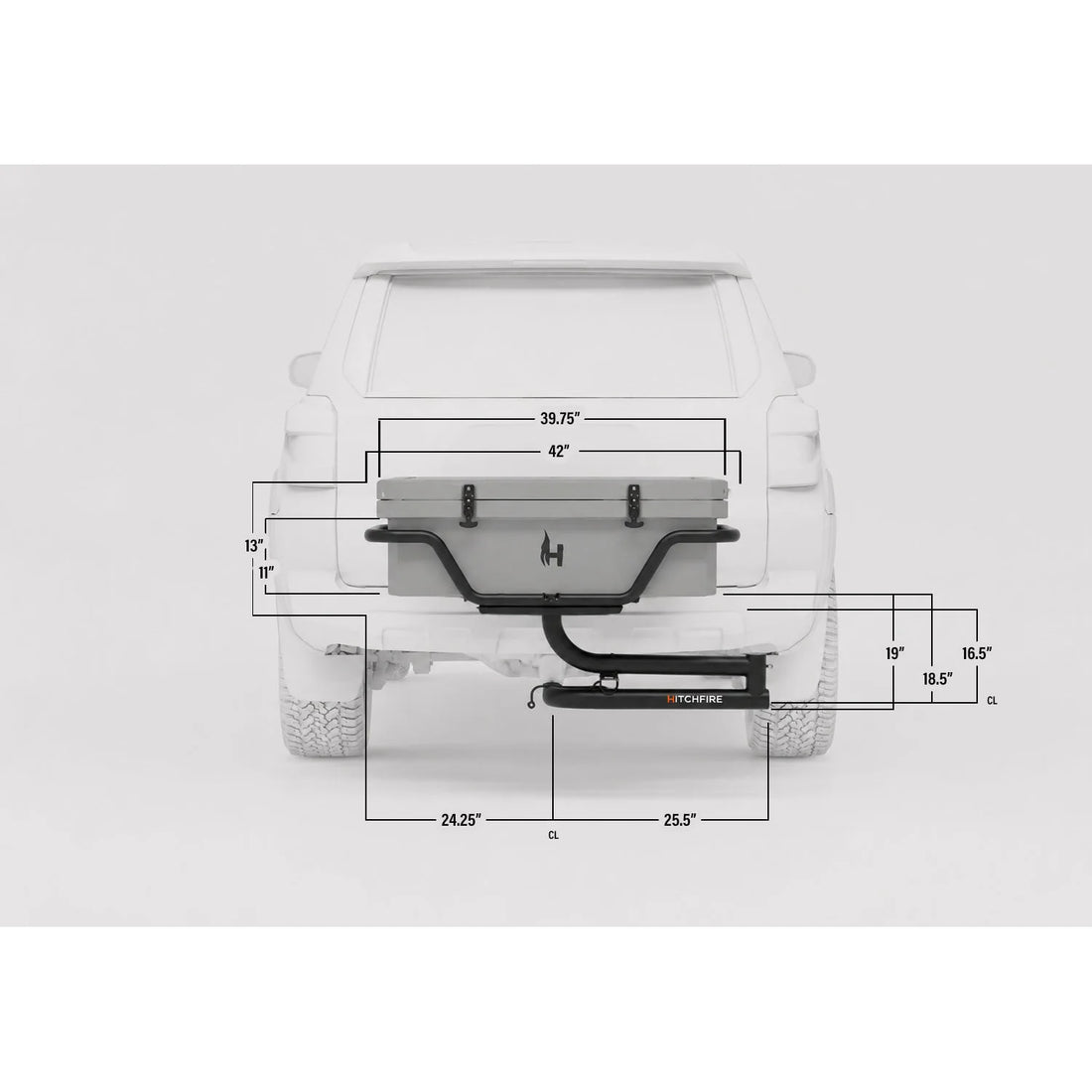 Measurement diagram of a vehicle with a hitch receiver on a white background