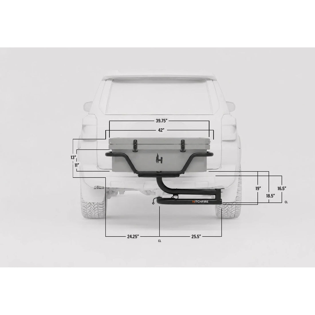 Measurement diagram of a vehicle with a hitch receiver on a white background