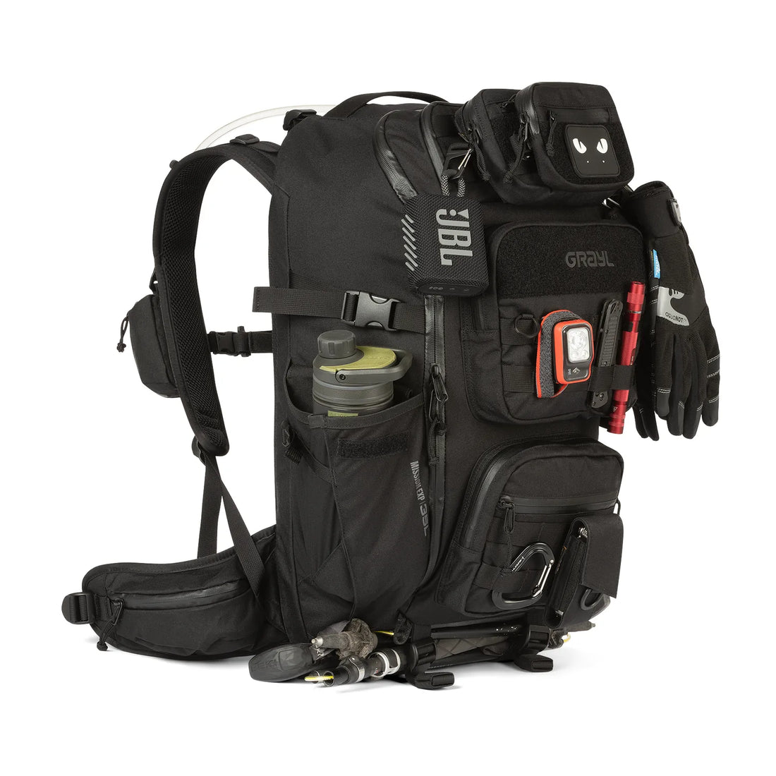 Mission EXP Backpack 35L loaded, three-quarter view