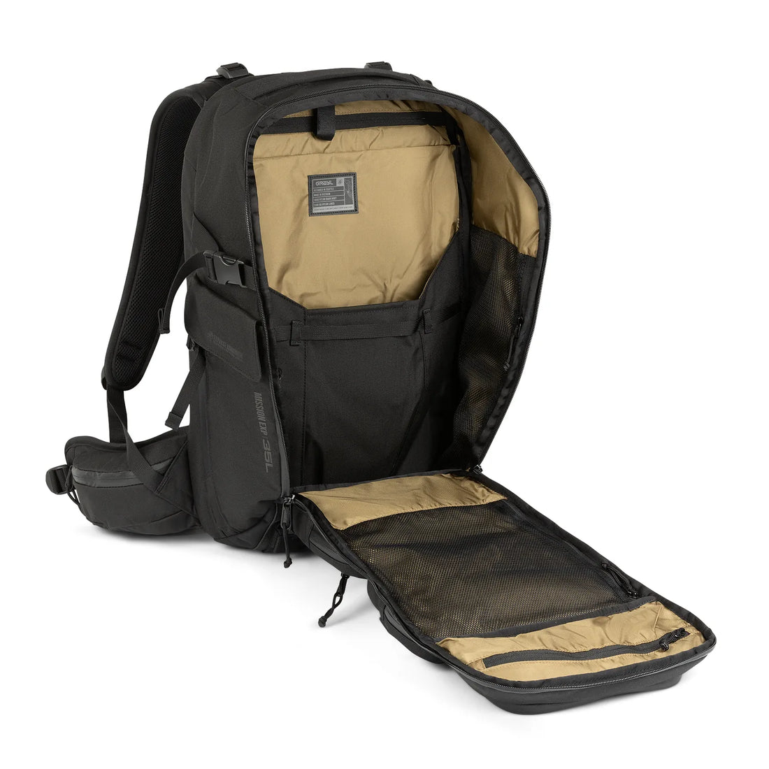 Mission EXP Backpack 35L with the front panel open to the main compartment