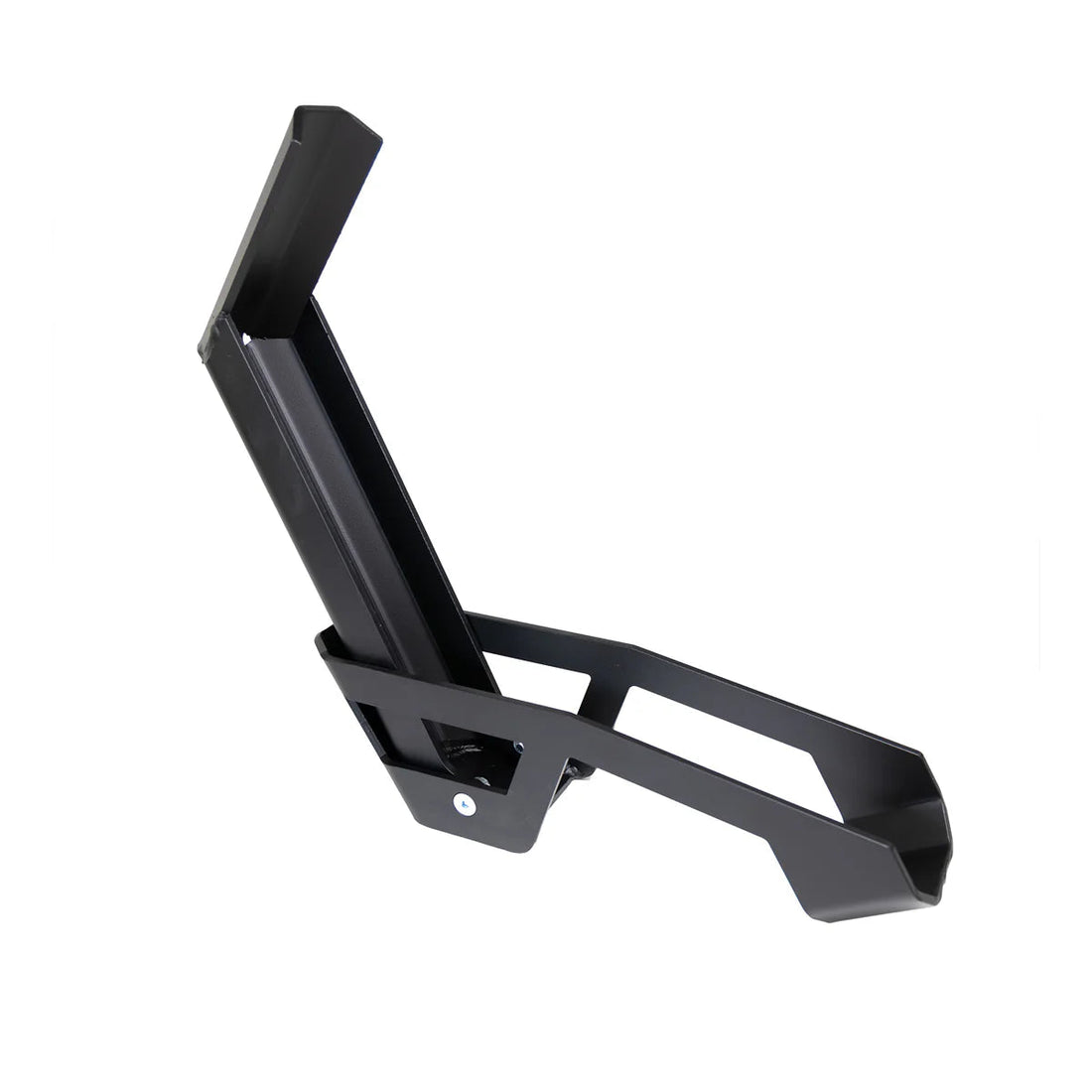 Black metal motorcycle tire cage mount for overlanding and outdoor gear setups