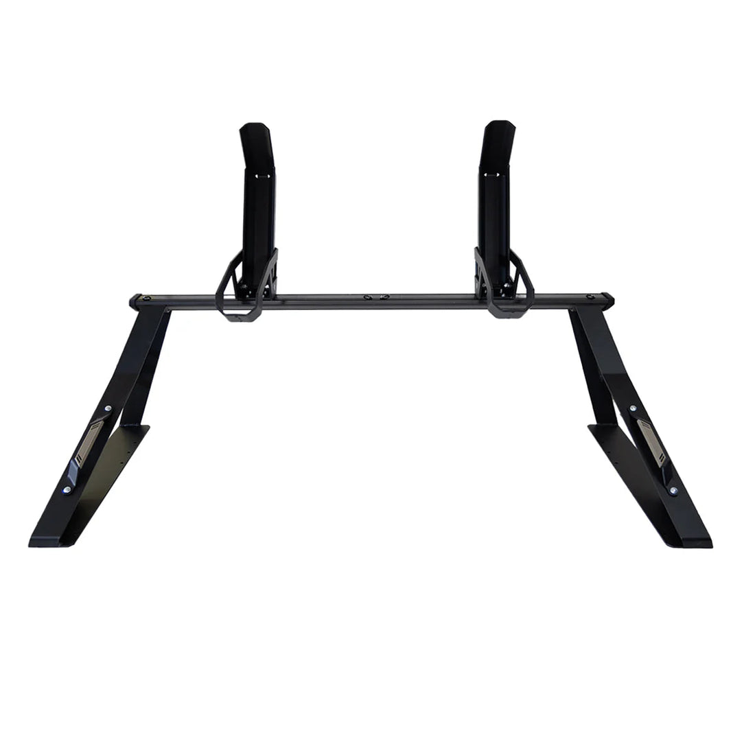 Black metal motorcycle rack with two upright supports, suitable for overlanding gear.