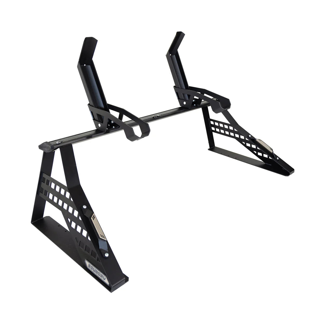 Heavy-duty black motorcycle rack for trucks or overlanding, shown on white background