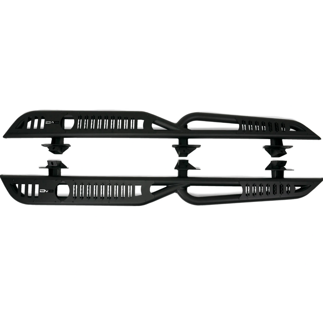 Pair of black vehicle side steps on a white background