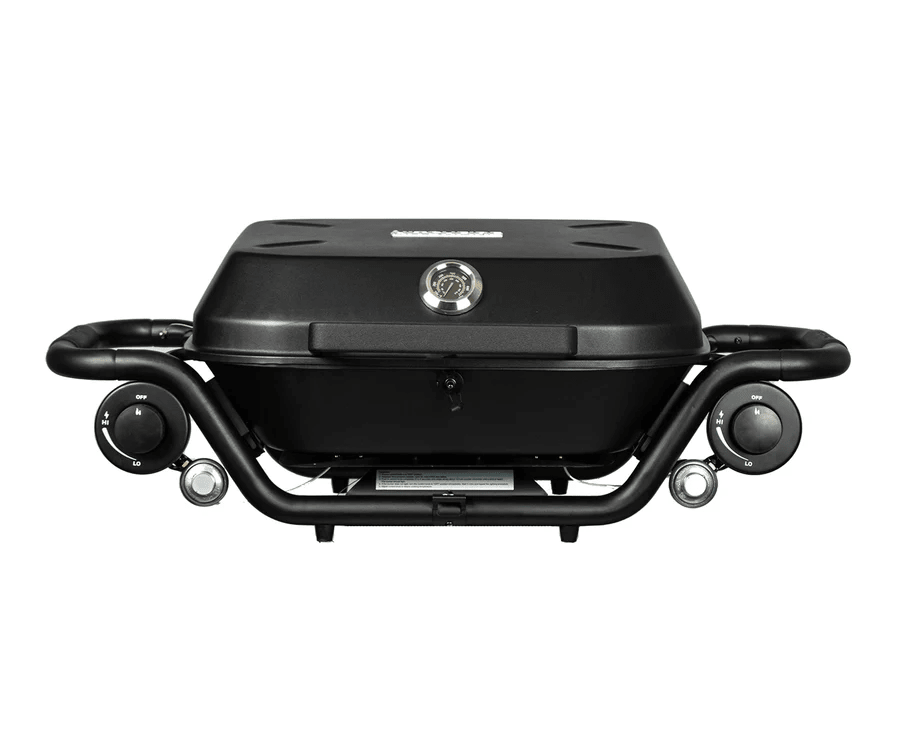 Black portable grill on a white background