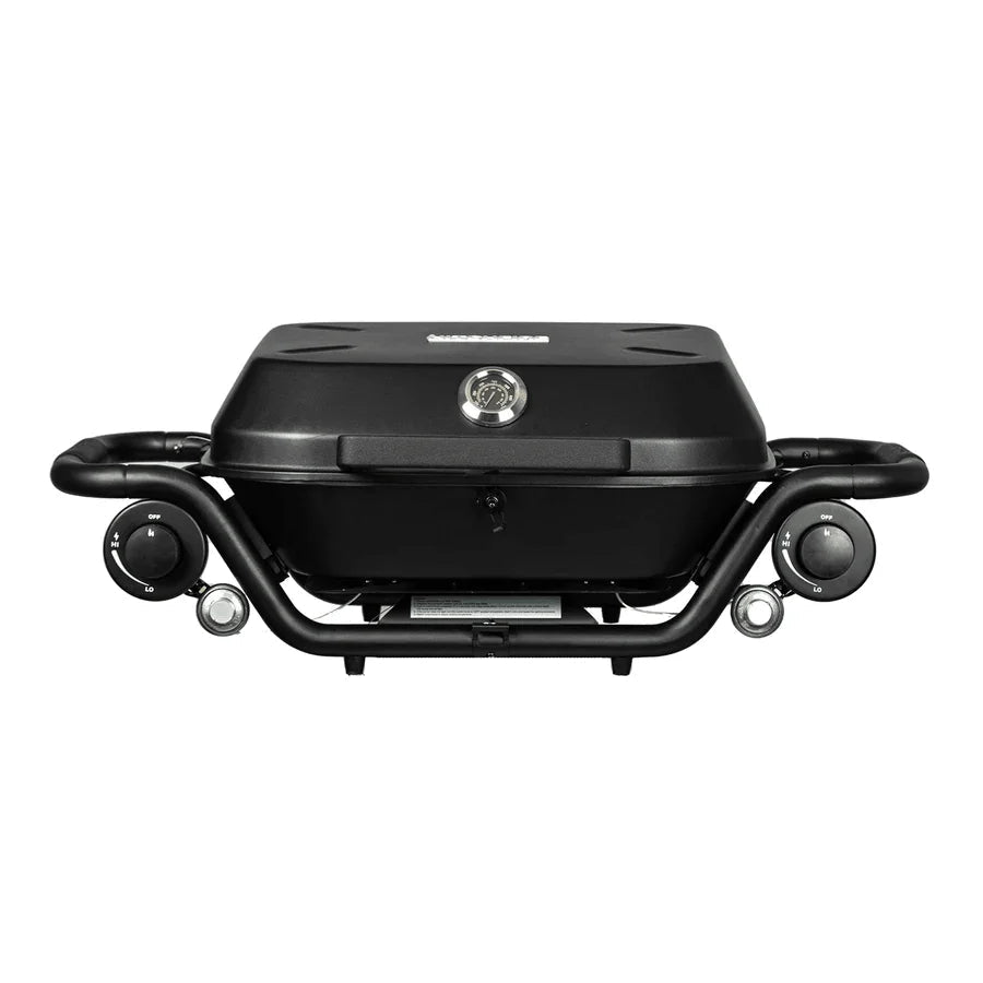 Black portable grill on a white background