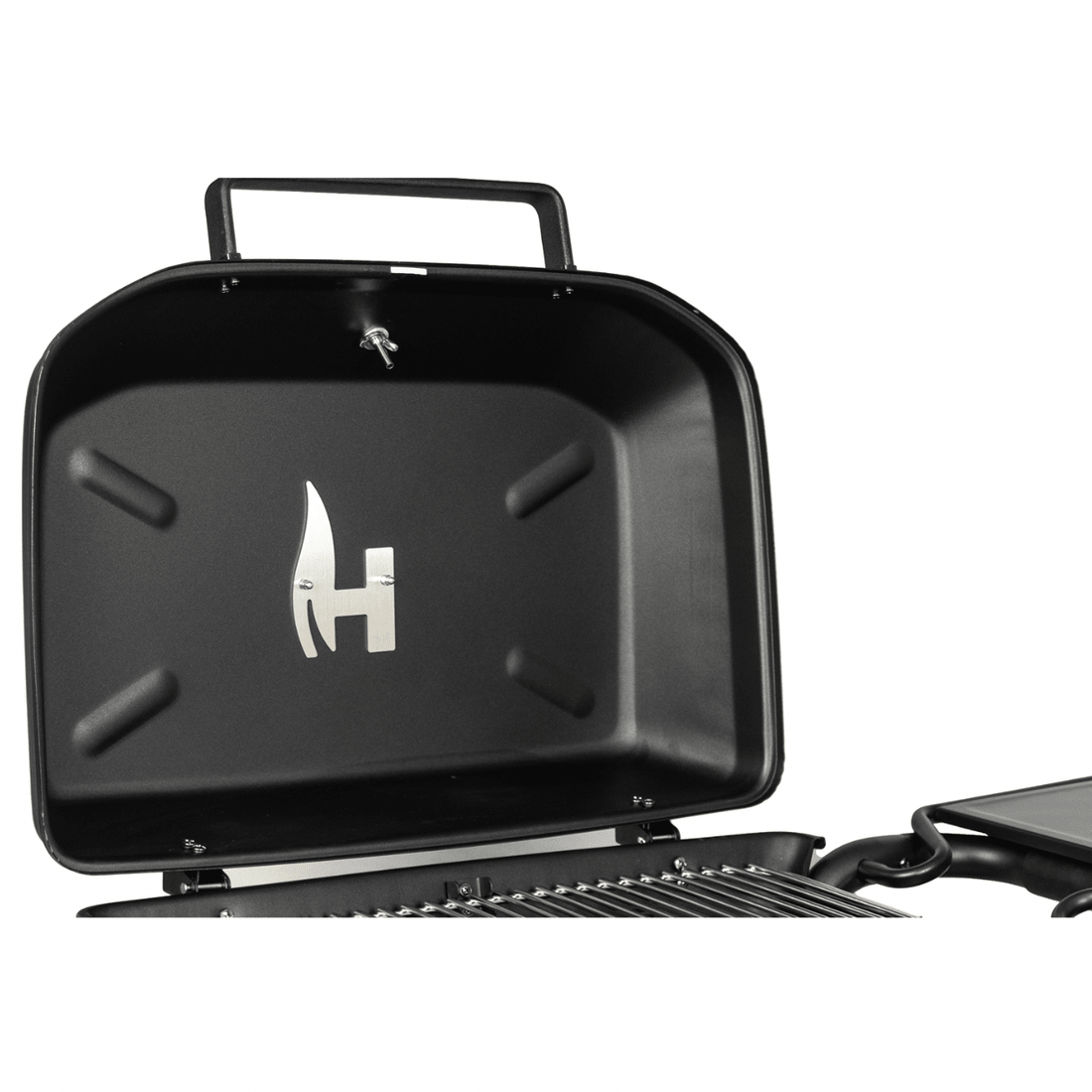 Black portable grill with a brand logo on a white background