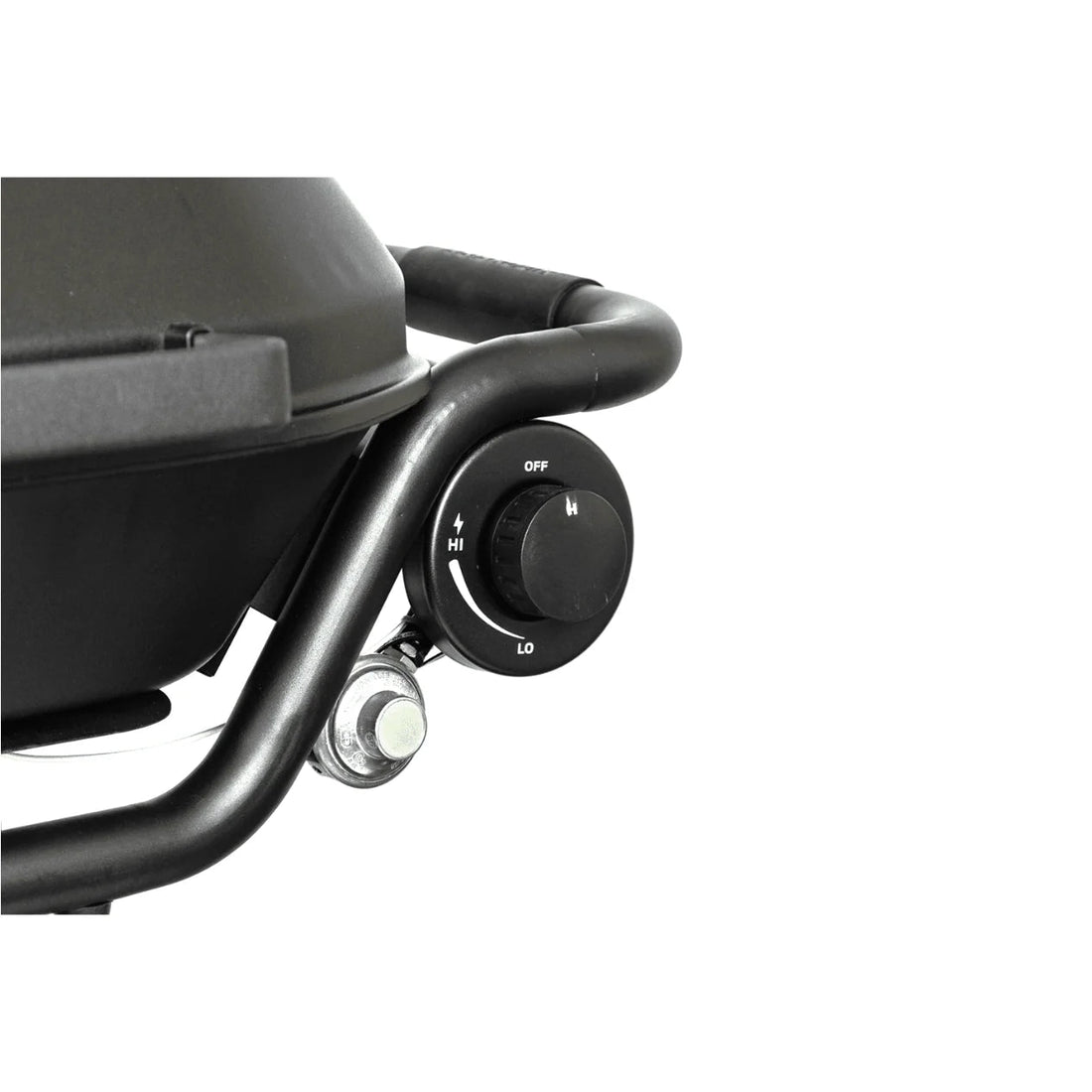 Close-up of a portable grill with control knob on a white background