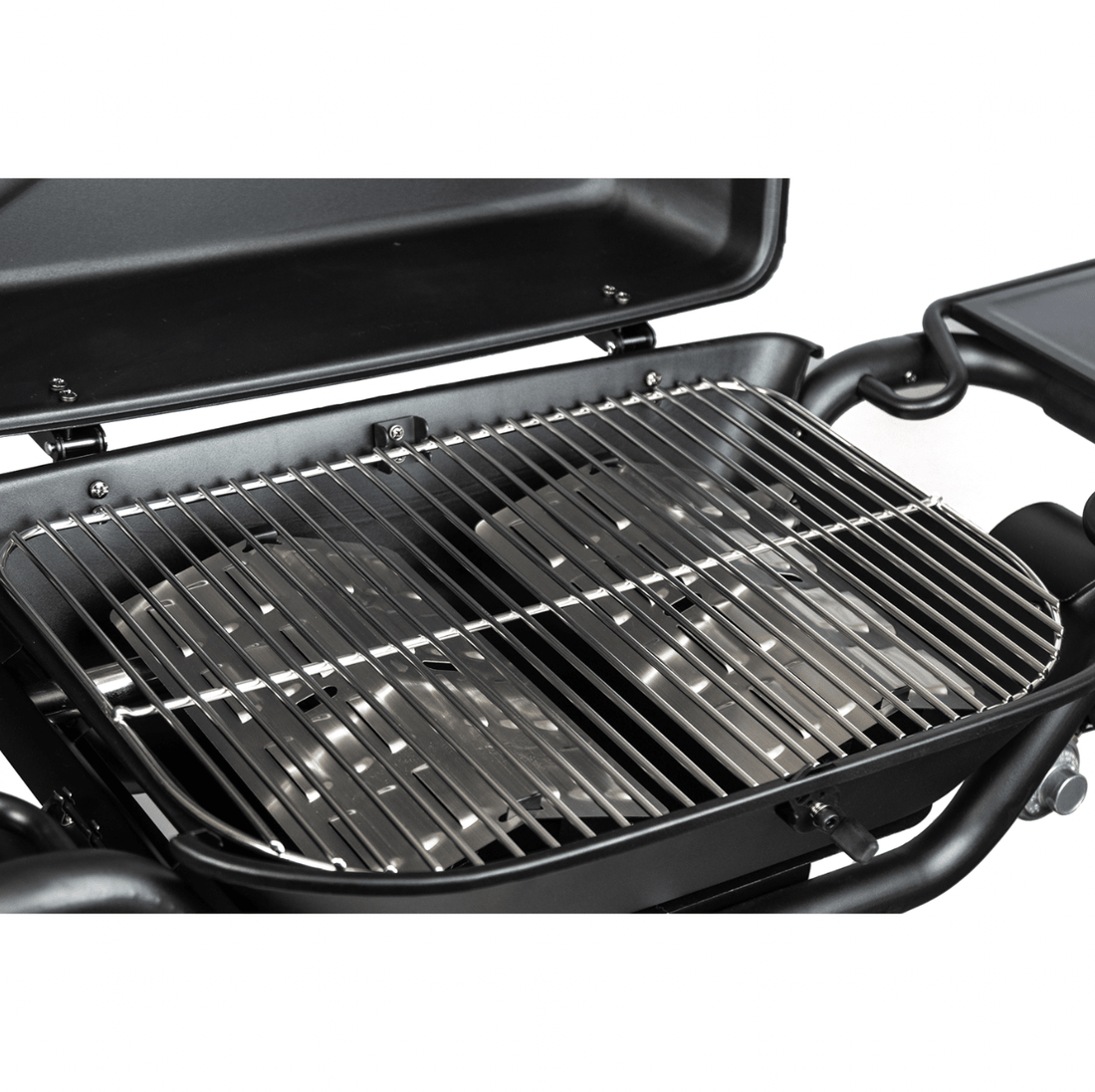 Black portable grill with open lid on a white background