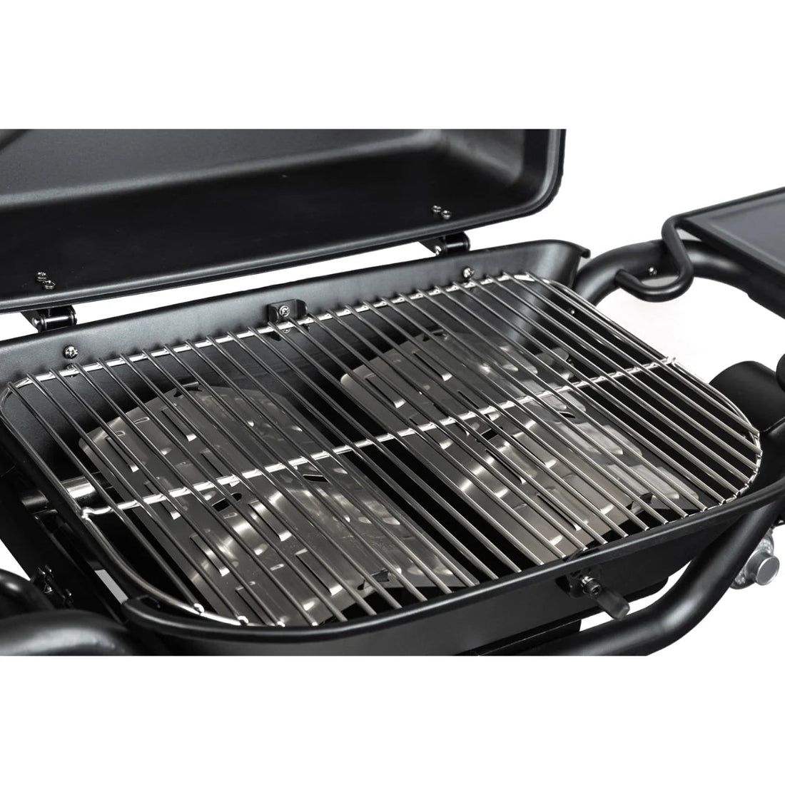 Black portable grill with open lid on a white background