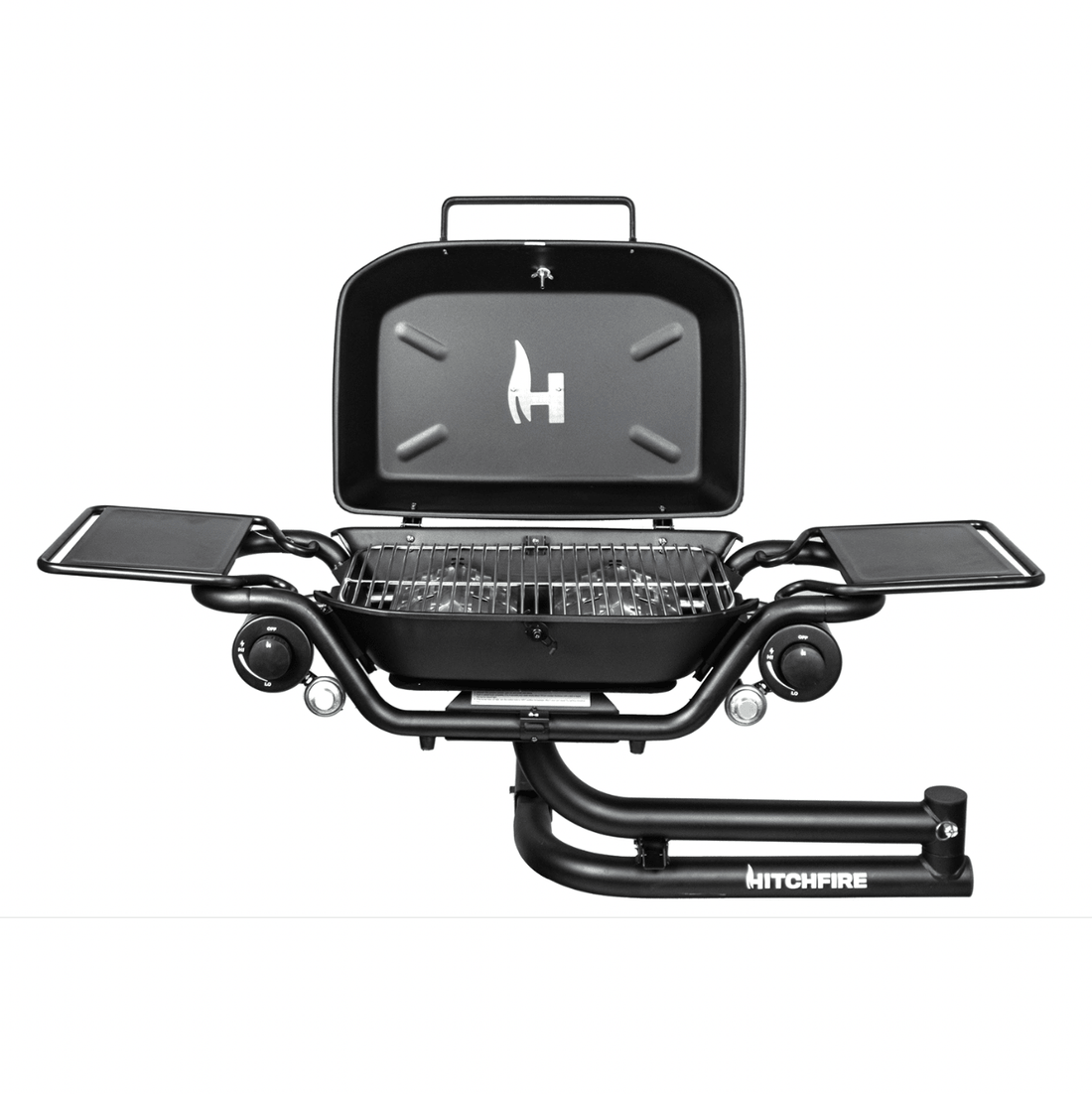Portable grill with open lid on a white background