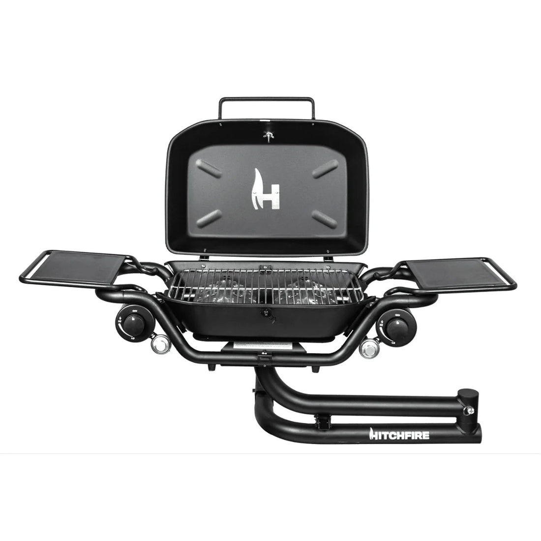 Portable grill with open lid on a white background
