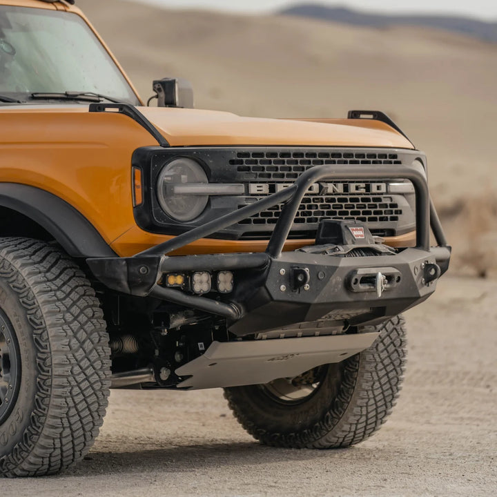Ford Bronco front end with CBI bumper and full overland skid plate on the trail