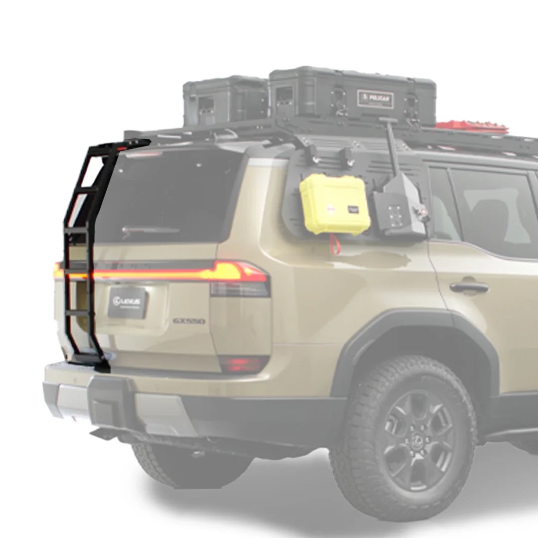 Lexus GX550 with Prinsu ladder on the rear hatch and a loaded roof rack
