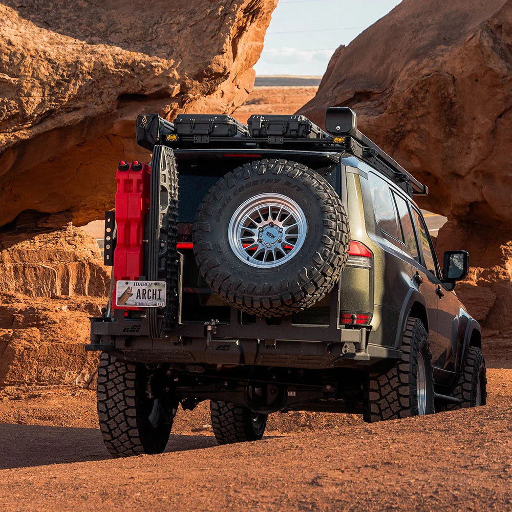 Rear view of a GX550 with CBI rear bumper in the desert