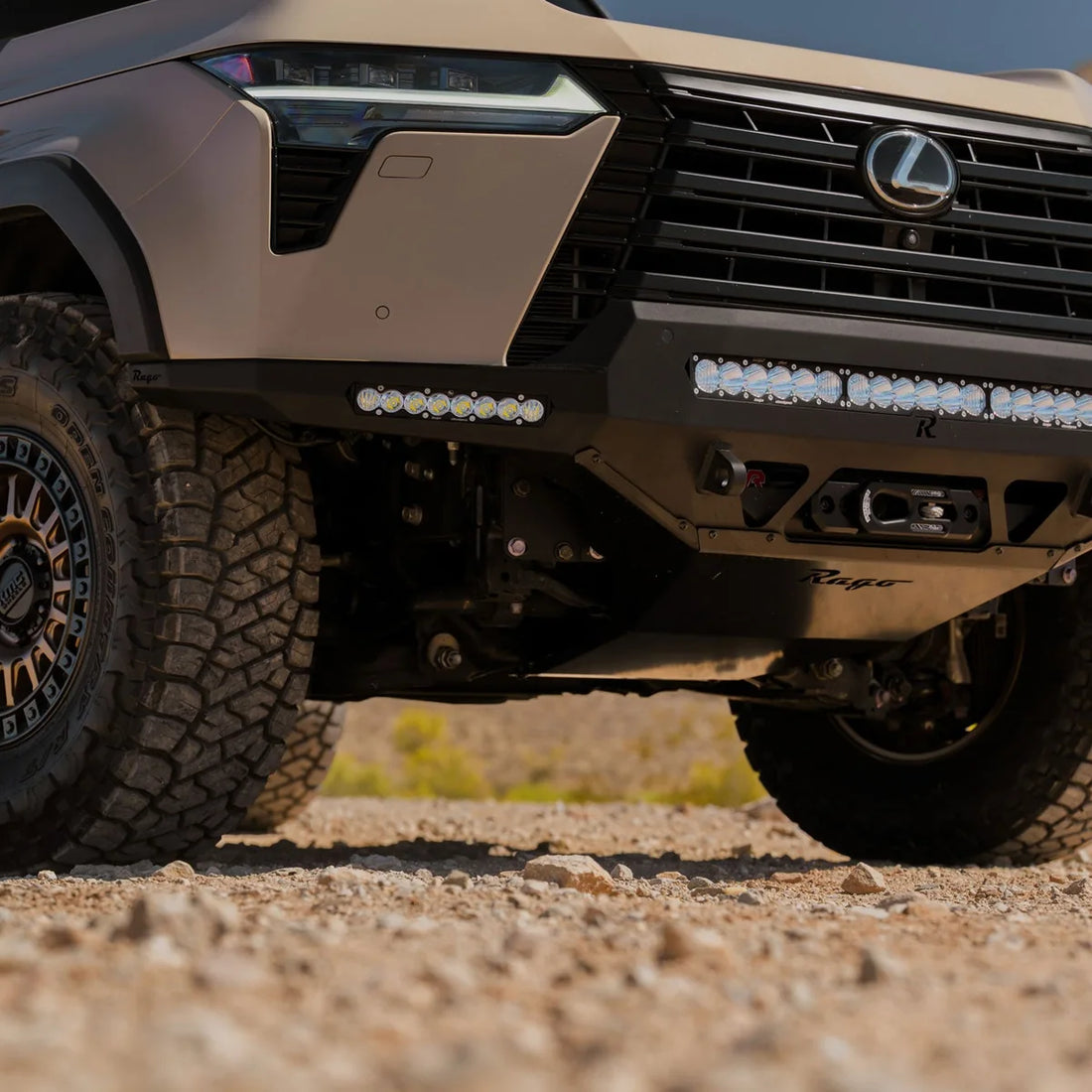 Lexus GX550 with Rago front bumper and skid plate, low front view