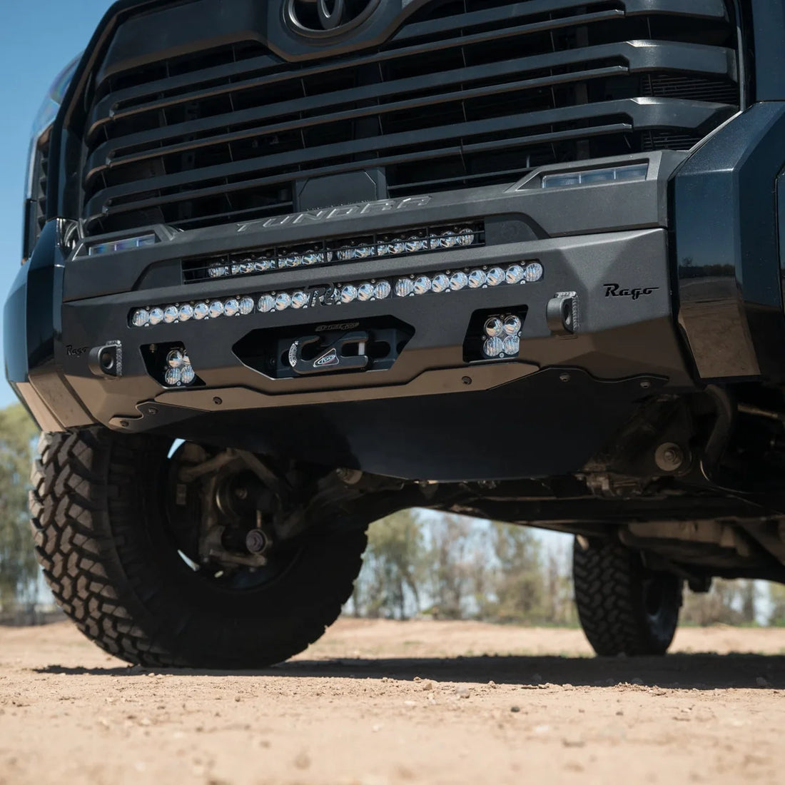 Low view of the Rago Tundra bumper and skid plate