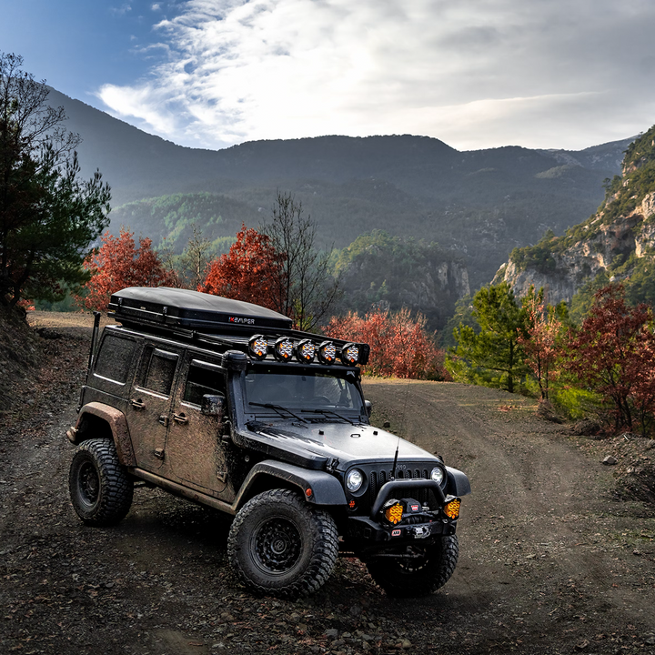 Beautiful Scenery with Lifted Jeep in foreground
