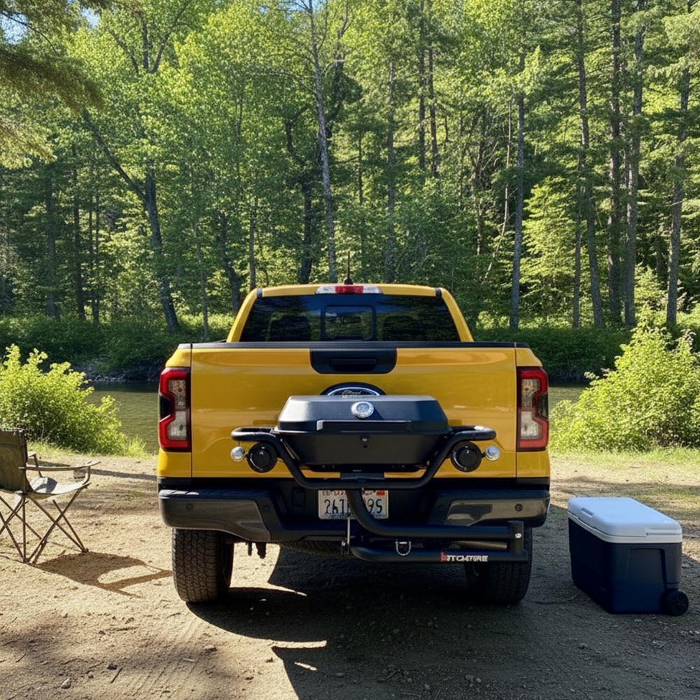 Yellow pickup truck with a grill attachment parked in a wooded area.
