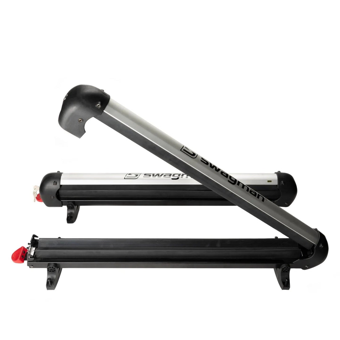 Black and silver ski roof rack system on a white background