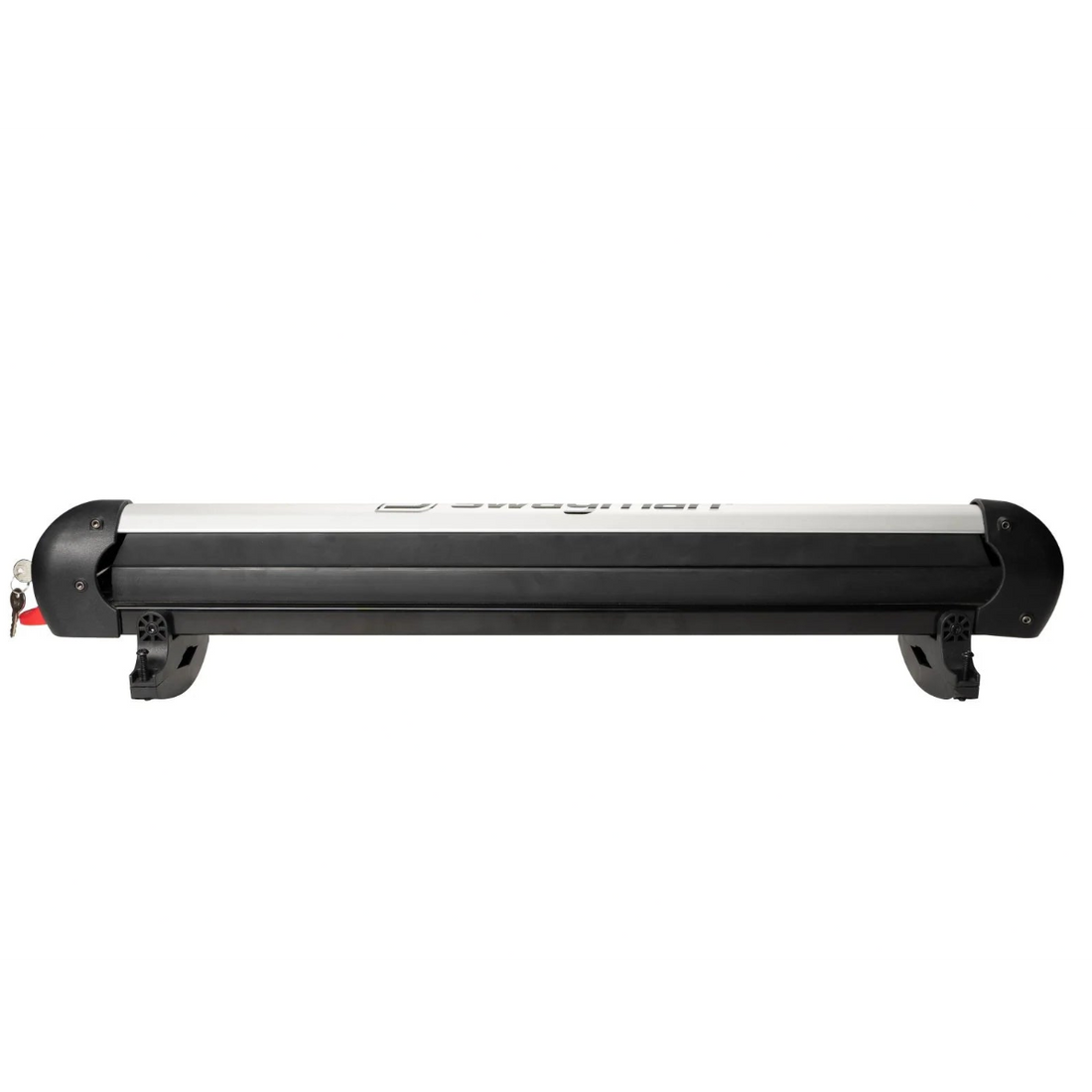 Long rectangular snowboard rack with black casing on a white background