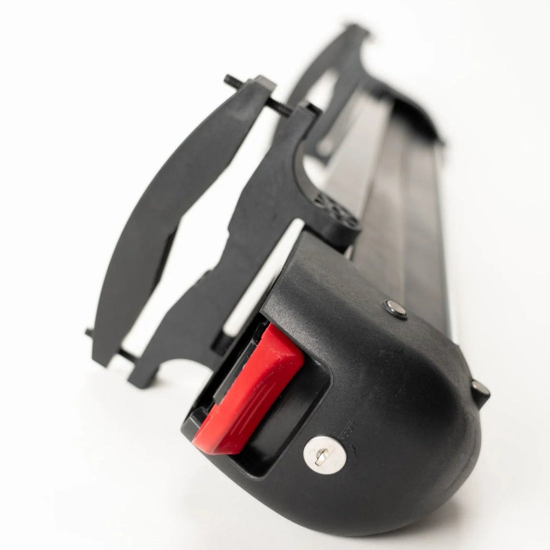 Black and red snowboarding rack on a white background