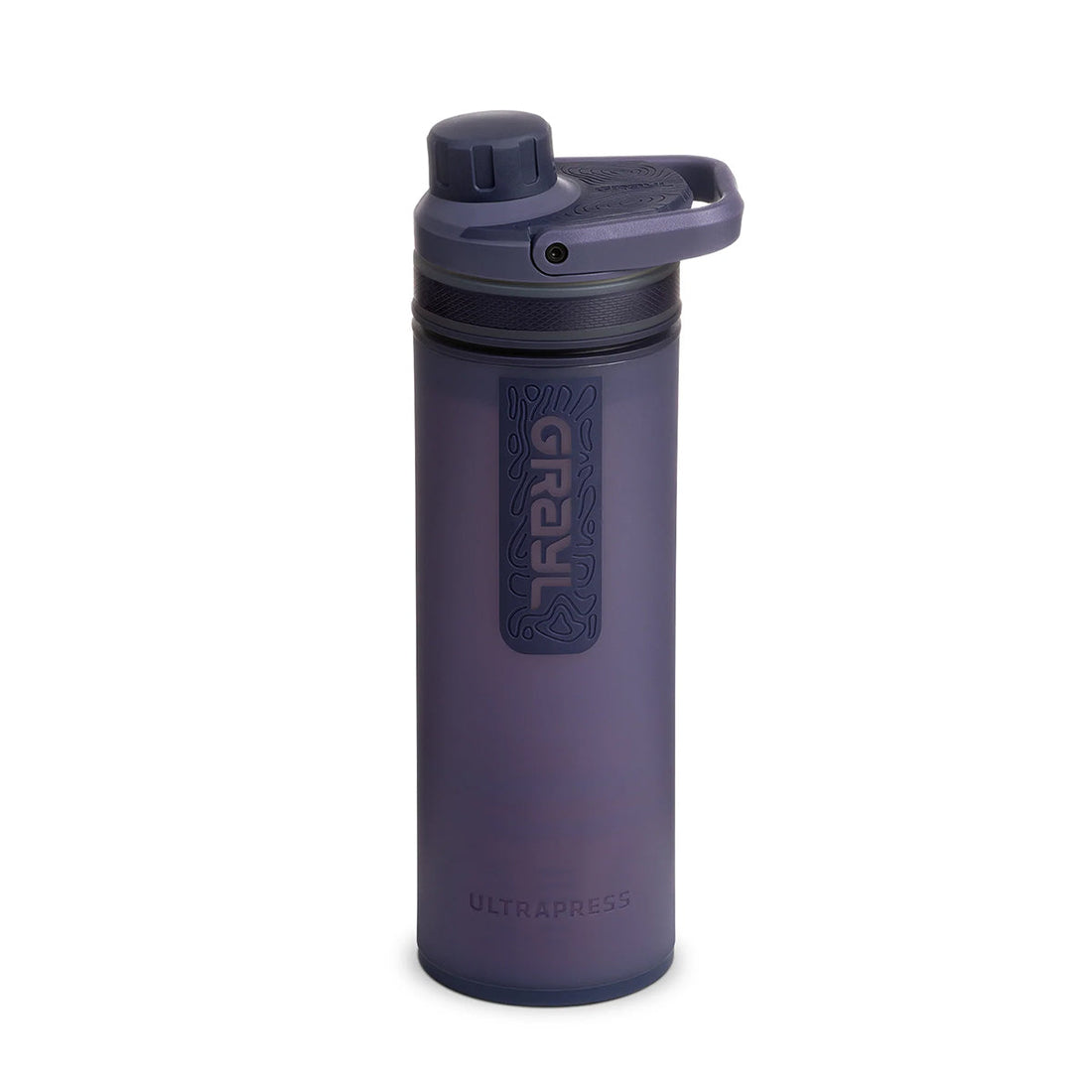 A gray UltraPress Purifier Bottle with a push-button lid, designed for portable water purification.
